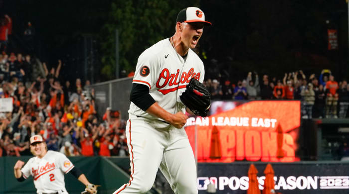 Orioles starting pitcher Tyler Wells, right, reacts after recording the final out in a victory over the Boston Red Sox to win the 2023 AL East championship